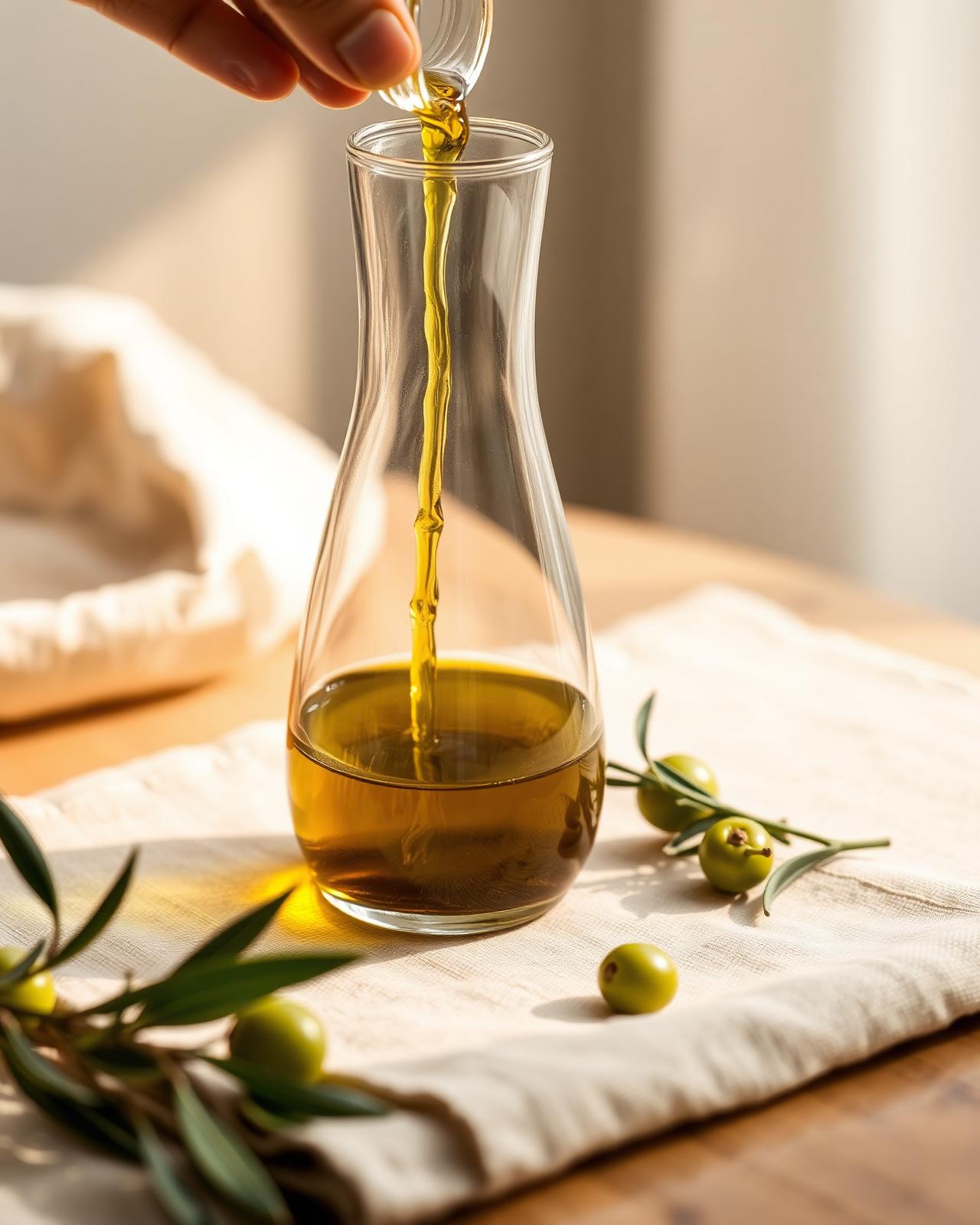 Portuguese extra virgin olive oil decanted into glass